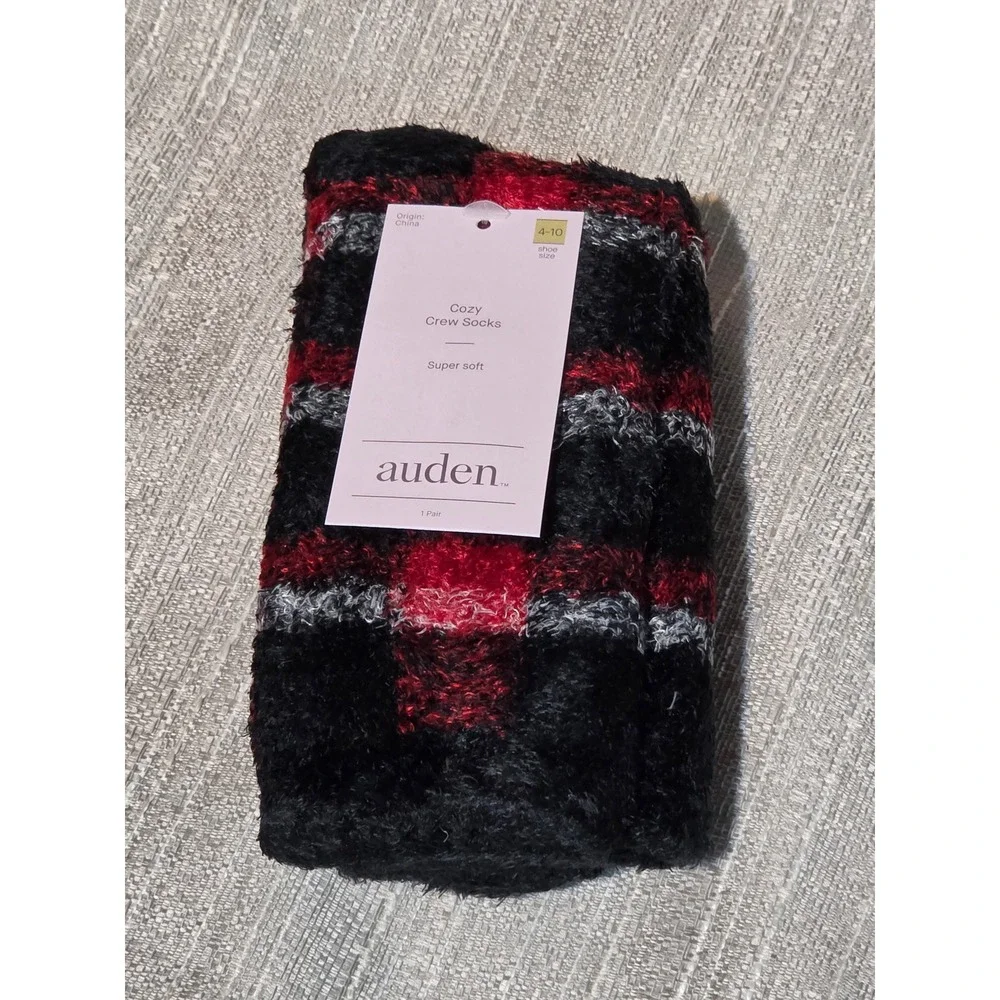 Auden Cozy Crew Socks Red Black White Buffalo Plaid Fuzzy Soft Shoe Size 4-10